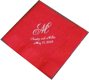 Red wedding napking with Chasity and Miller, May 17, 2008 and Monogram M - simply beautiful!