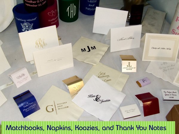 Personalized matchbooks, napkins, huggers, koozies, and thank you cards